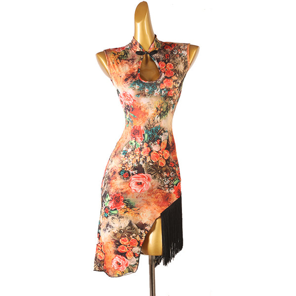 Rose print latin salsa dance dress rear view with the fitted back