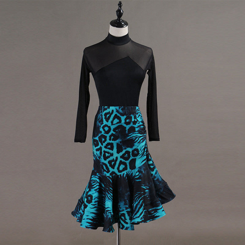 Black latin salsa dance dress with mesh yoke and turquoise animal print fishtail skirt