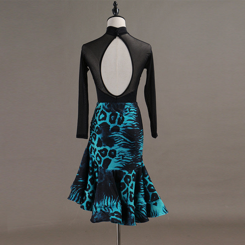 Black and turquoise latin salsa dance dress rear view showing the keyhole back