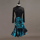 Black and turquoise latin salsa dance dress angled view with the fishtail flare