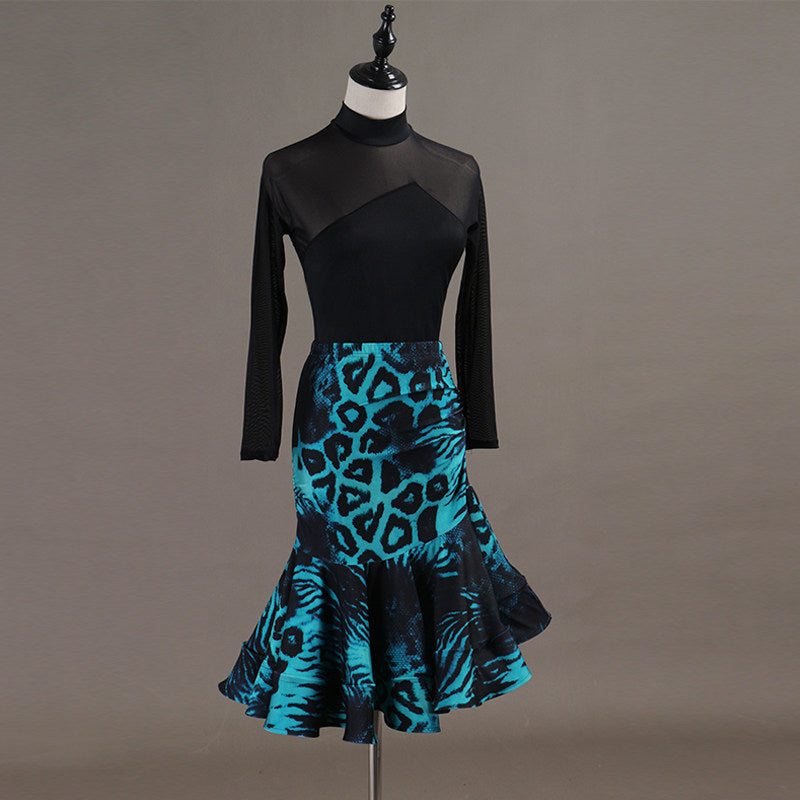 Black and turquoise latin salsa dance dress angled view with the fishtail flare