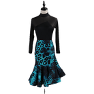 Black and turquoise latin salsa dance dress front view showing the mesh yoke