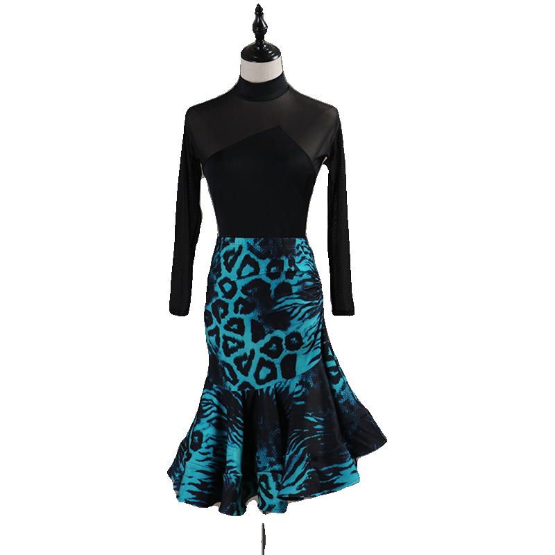 Black and turquoise latin salsa dance dress front view showing the mesh yoke
