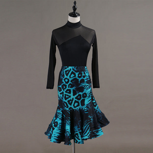 Black and turquoise latin salsa dance dress side view with the flared hem