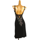 Black blue scroll latin salsa dance dress rear view showing the embroidered back