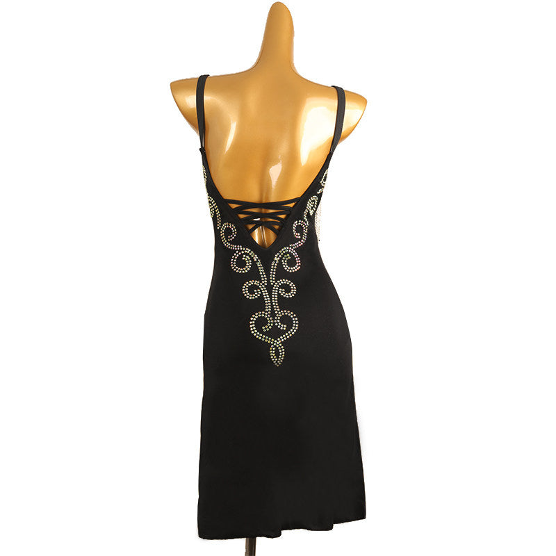 Black blue scroll latin salsa dance dress rear view with the bare back
