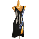 Black blue scroll latin salsa dance dress front view showing the bead fringe