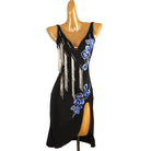 Black blue scroll latin salsa dance dress side view with the scroll motif