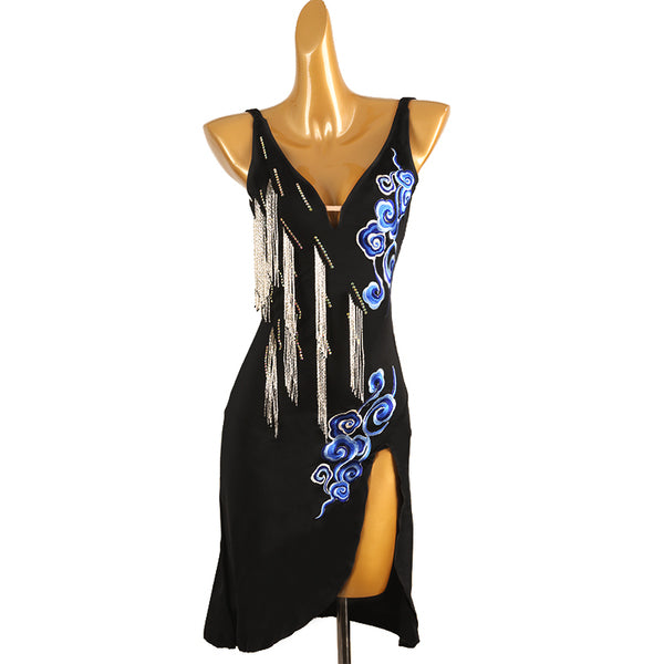 Black blue scroll latin salsa dance dress side view with the scroll motif