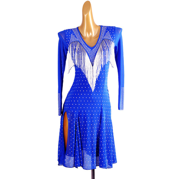 Blue latin salsa dance dress with white fringe yoke and crystal covered body