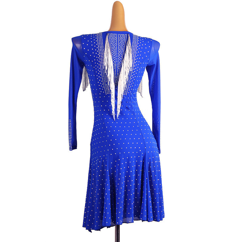 Blue crystal latin salsa dance dress rear view showing the open back