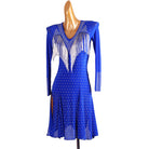 Blue crystal latin salsa dance dress angled view with the fluted split hem