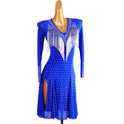 Blue crystal latin salsa dance dress front view showing the mesh sleeves