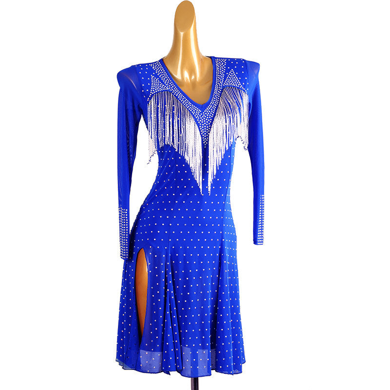 Blue crystal latin salsa dance dress front view showing the mesh sleeves