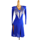 Blue crystal latin salsa dance dress side view with the white fringe falling