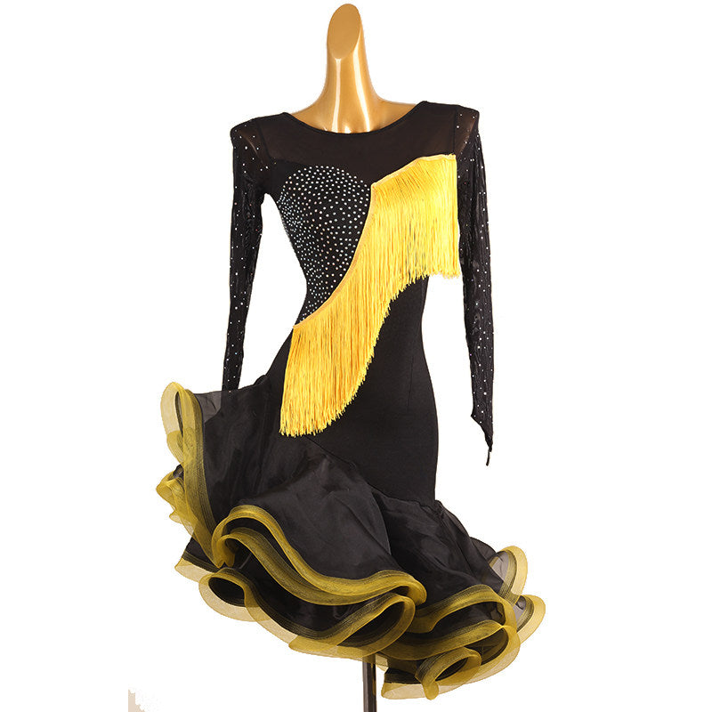 Black latin salsa dance dress with yellow diagonal fringe band and organza hem