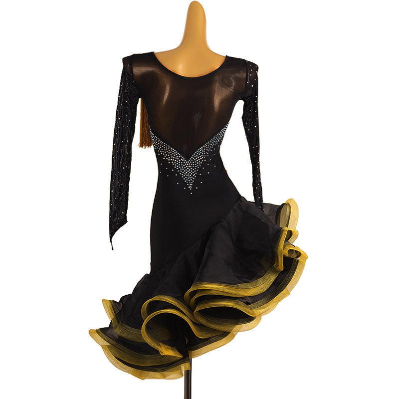 Black and yellow latin salsa dance dress rear view showing the stoned mesh back