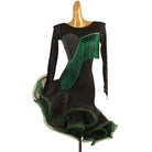 Black latin salsa dance dress with green diagonal fringe and green organza hem