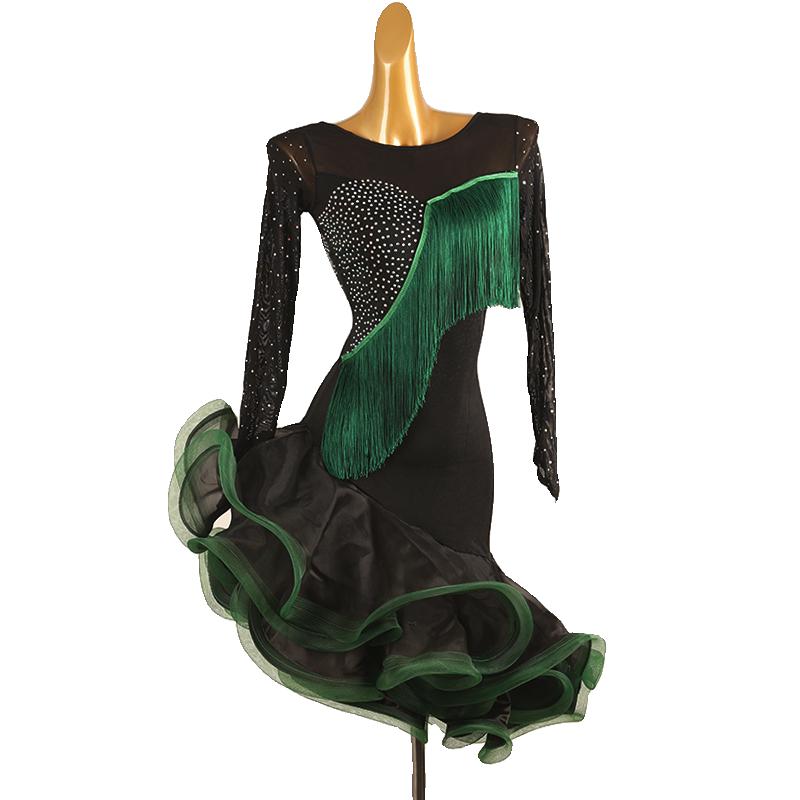 Black and green latin salsa dance dress front view showing the fringe band