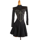 Black latin salsa dance dress with gold stud corset lines and full circle skirt