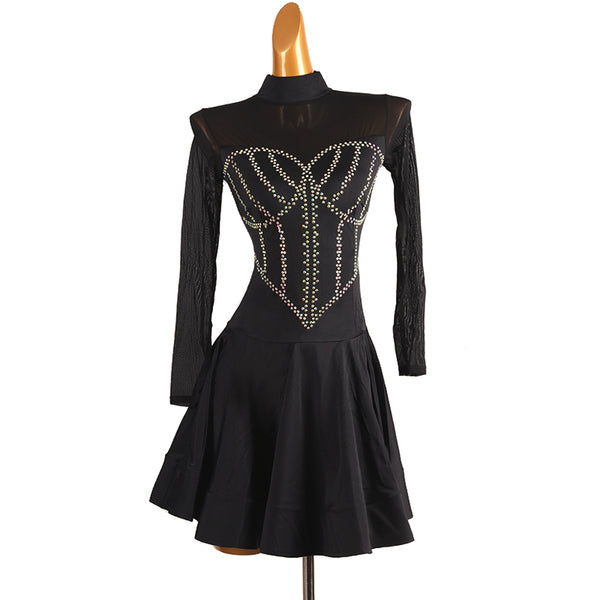 Black latin salsa dance dress with gold stud corset lines and full circle skirt