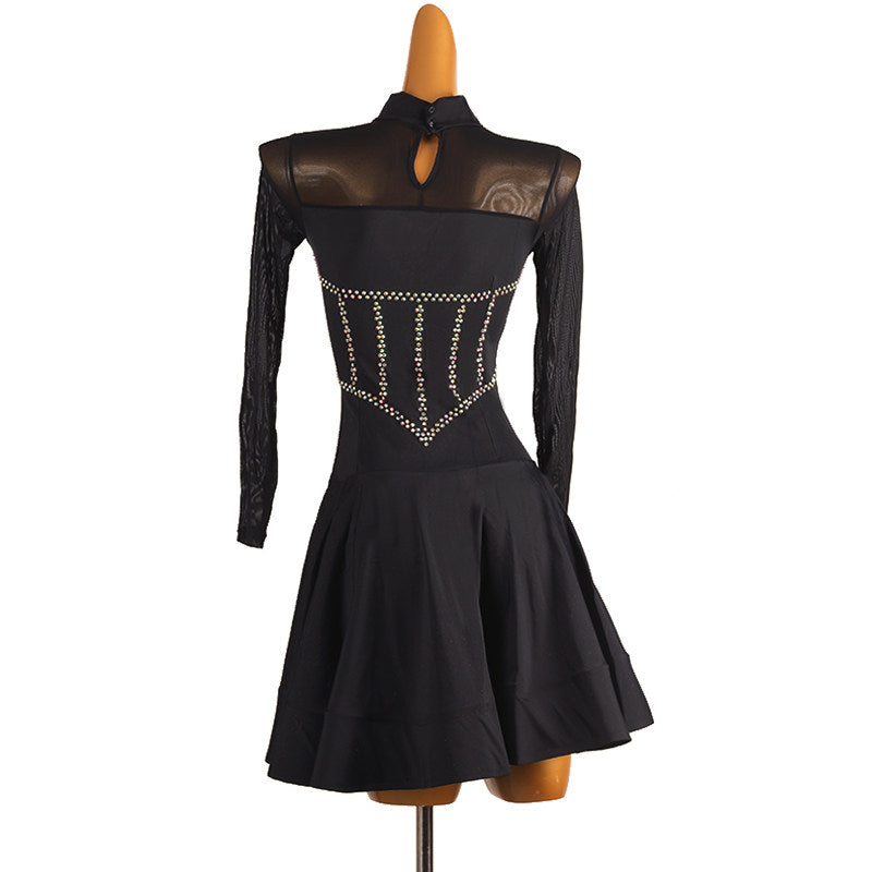 Black gold stud corset latin salsa dance dress rear view showing the keyhole back