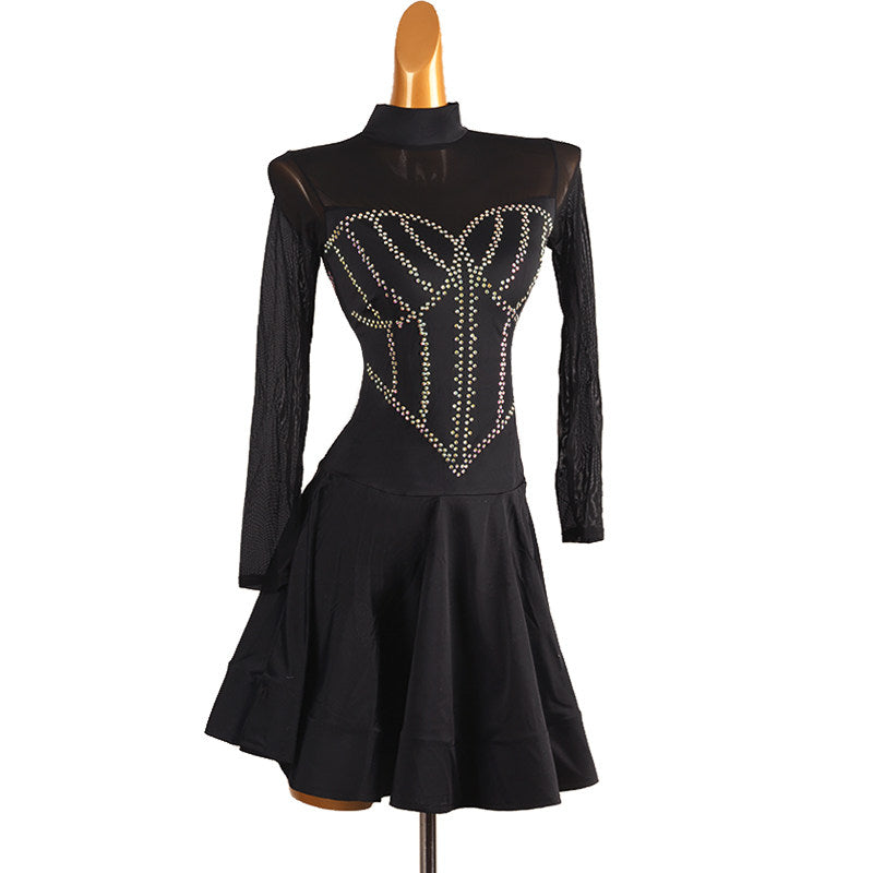 Black gold stud corset latin salsa dance dress front view with the skirt spread