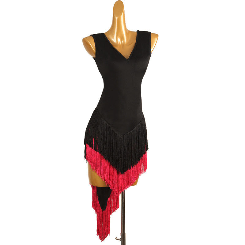 Two tone chevron fringe latin salsa dance dress angled view showing the point