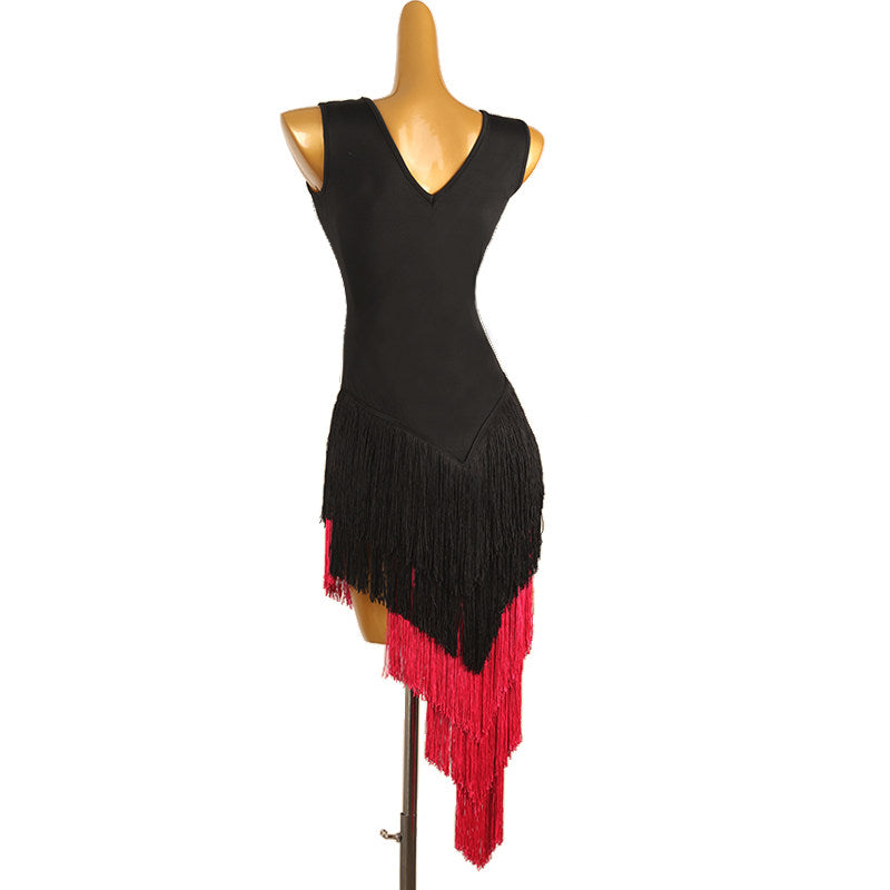 Two tone chevron fringe latin salsa dance dress rear view with the low back