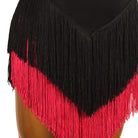 Close view of the black and red fringe meeting at the chevron