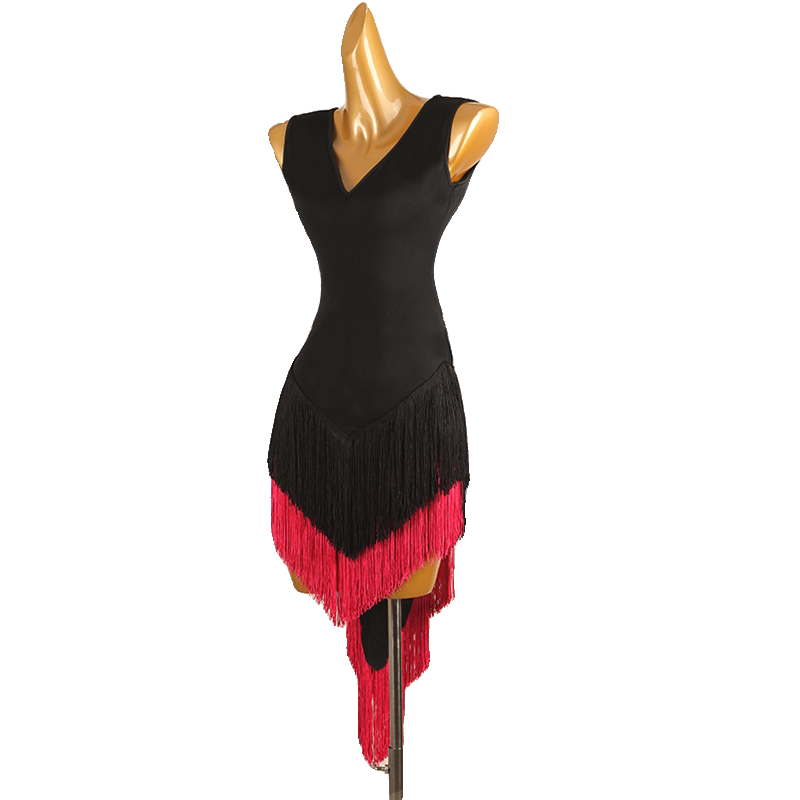 Two tone chevron fringe latin salsa dance dress front view with the V neckline