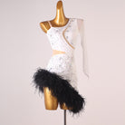 White lace latin salsa dance dress with black marabou feather hip trim