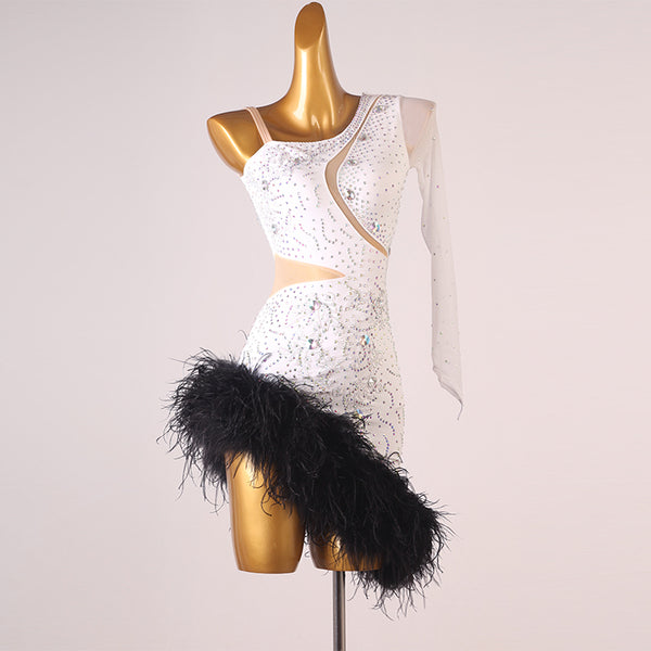 White lace latin salsa dance dress with black marabou feather hip trim