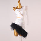 White lace feather latin salsa dance dress angled view with the waist cutouts