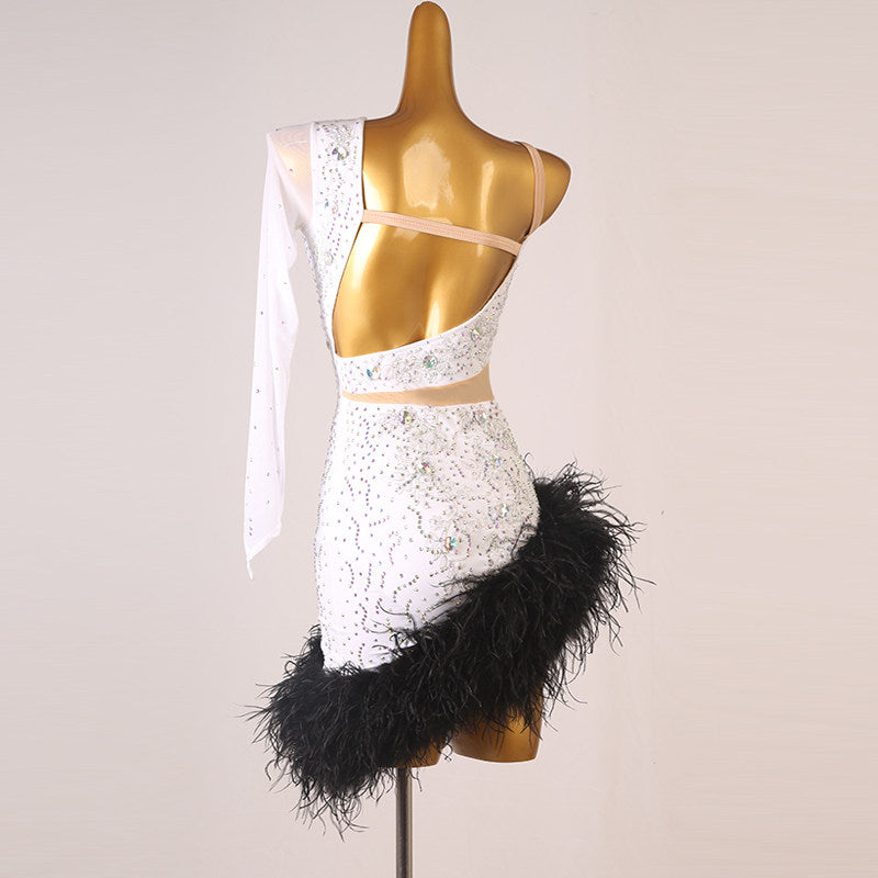 White lace feather latin salsa dance dress side view showing the sheer sleeve
