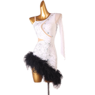 White lace feather latin salsa dance dress front view with the feather band