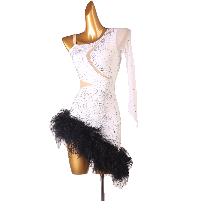 White lace feather latin salsa dance dress front view with the feather band