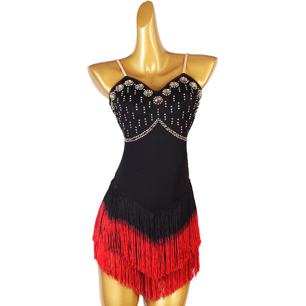 Black latin salsa dance dress with stone covered bust panel and red chevron fringe