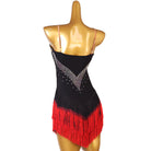 Black stone bust latin salsa dance dress angled view showing the fringe chevron