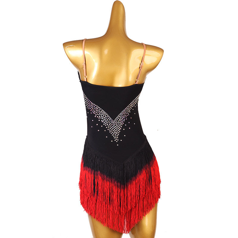 Black stone bust latin salsa dance dress front view showing the thin straps