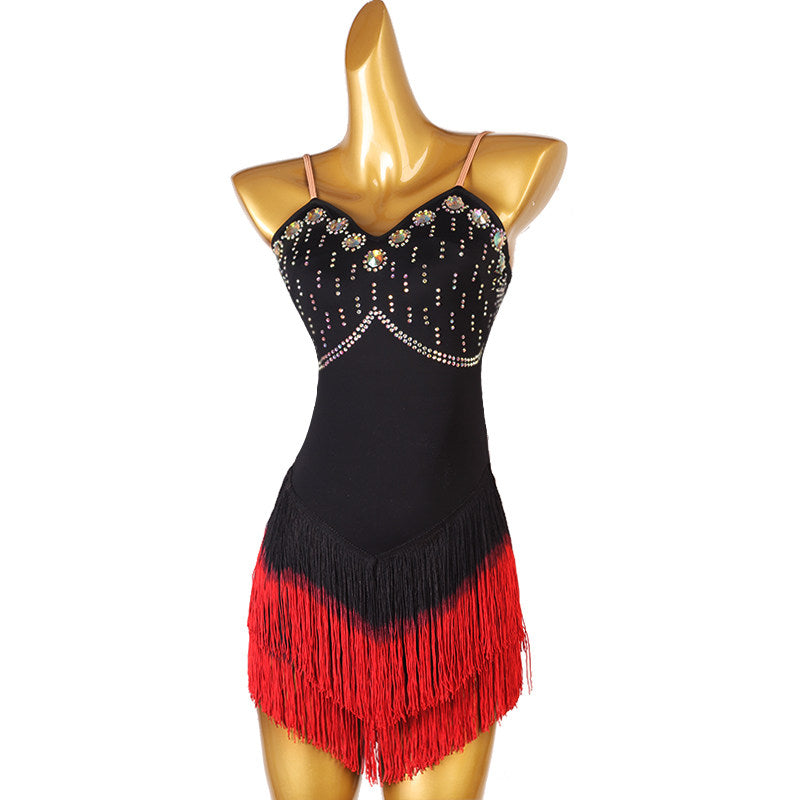 Black stone bust latin salsa dance dress side view with the red fringe falling
