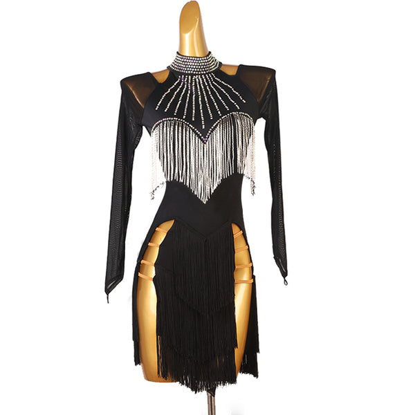 Black latin salsa dance dress with radiating silver fringe bib and stone collar