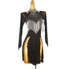 Black silver fringe bib latin salsa dance dress angled view with the leg splits