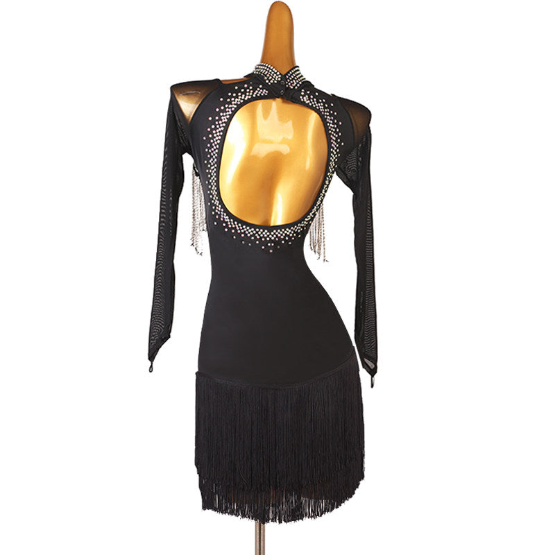 Black silver fringe bib latin salsa dance dress rear view showing the teardrop back