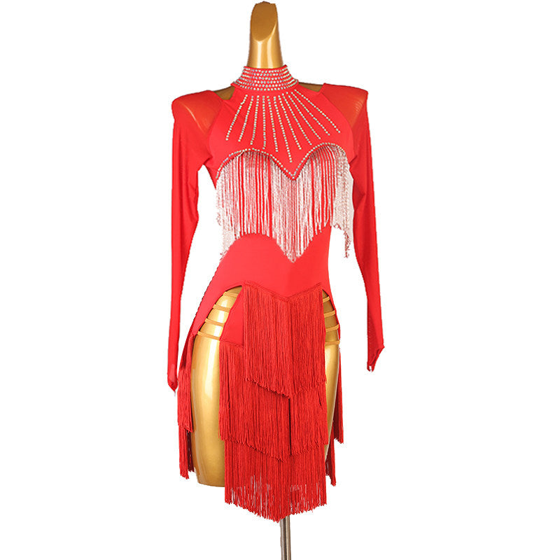 Red latin salsa dance dress with silver fringe bib and stone set collar