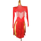 Red silver fringe bib latin salsa dance dress front view with the split hem