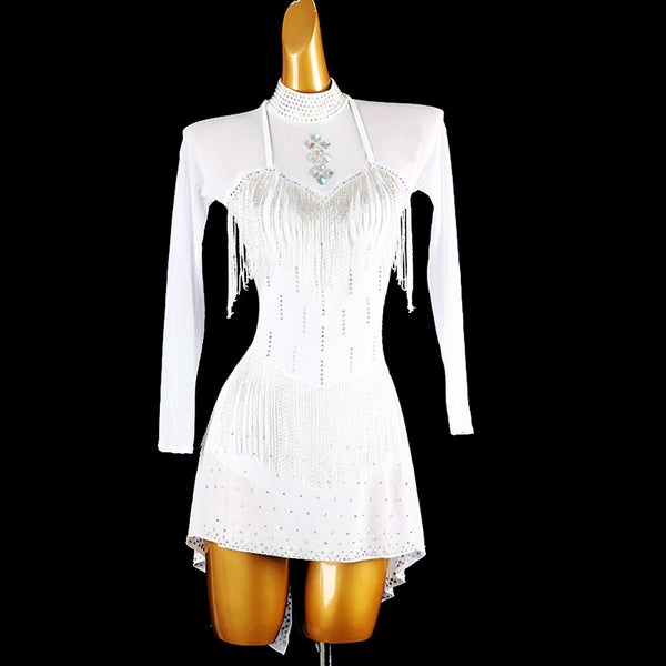 White latin salsa dance dress with bead fringe from a stone set halter collar