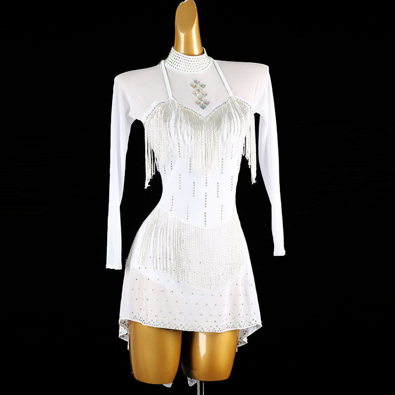 White bead fringe latin salsa dance dress angled view showing the pointed hem