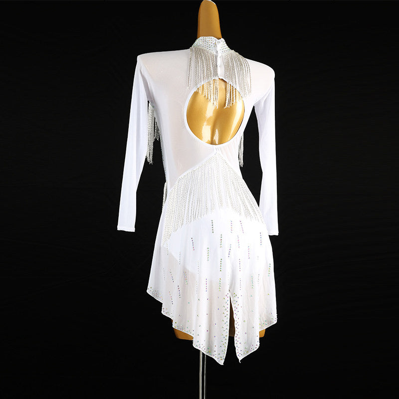 White bead fringe latin salsa dance dress rear view with the teardrop back