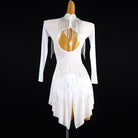 White bead fringe latin salsa dance dress showing the open back from behind